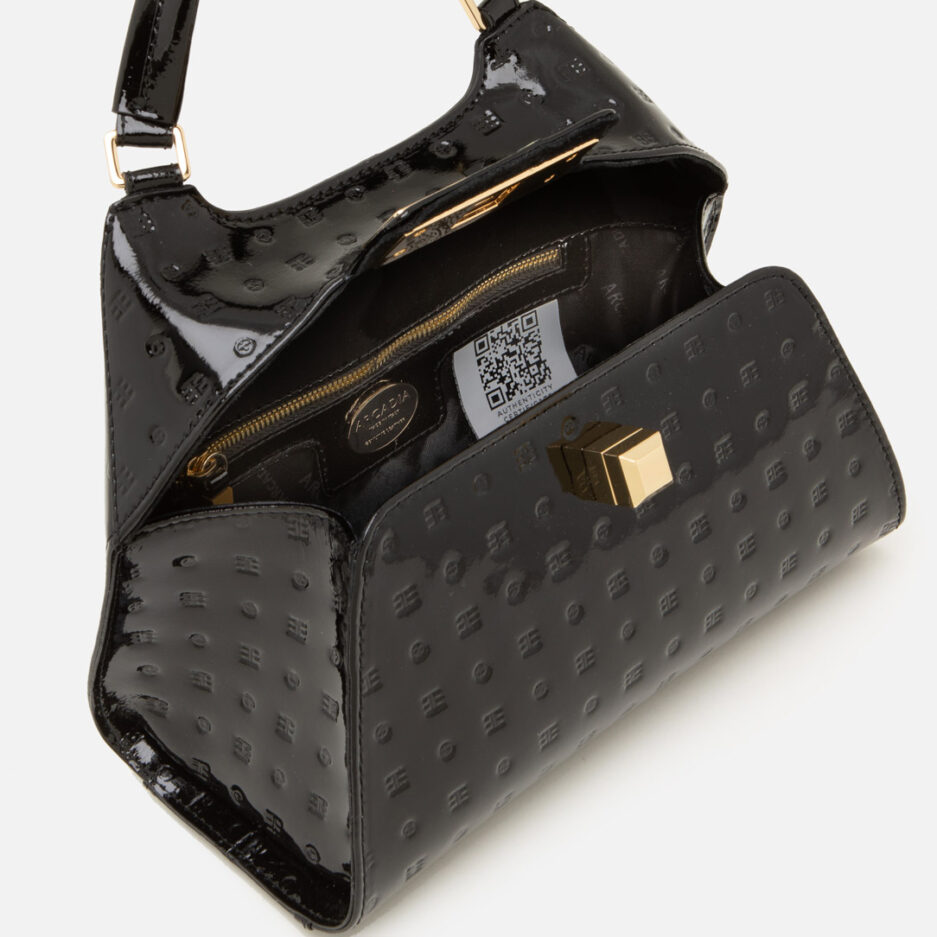ARCADIA Black Patent Leather Medium Handbag Satchel Purse ITALY Embossed  Logo